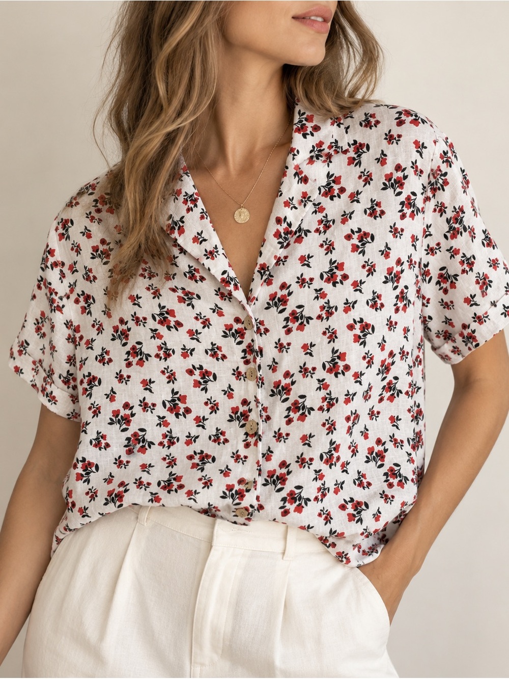 Cynthia Rowley 100% Linen Floral Button Front Cropped Shirt Top Size M